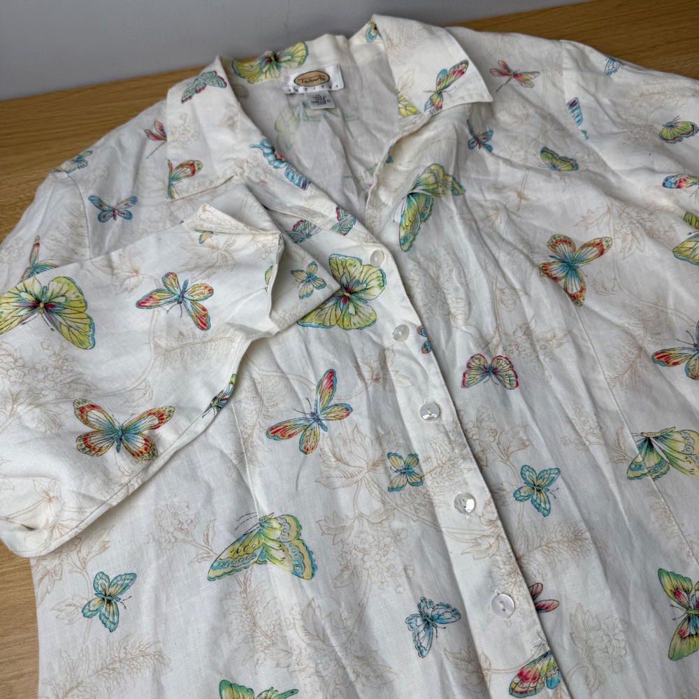 Talbots Butterfly 100% Linen Button Down Shirt 10P Cottagecore Nature Botanical